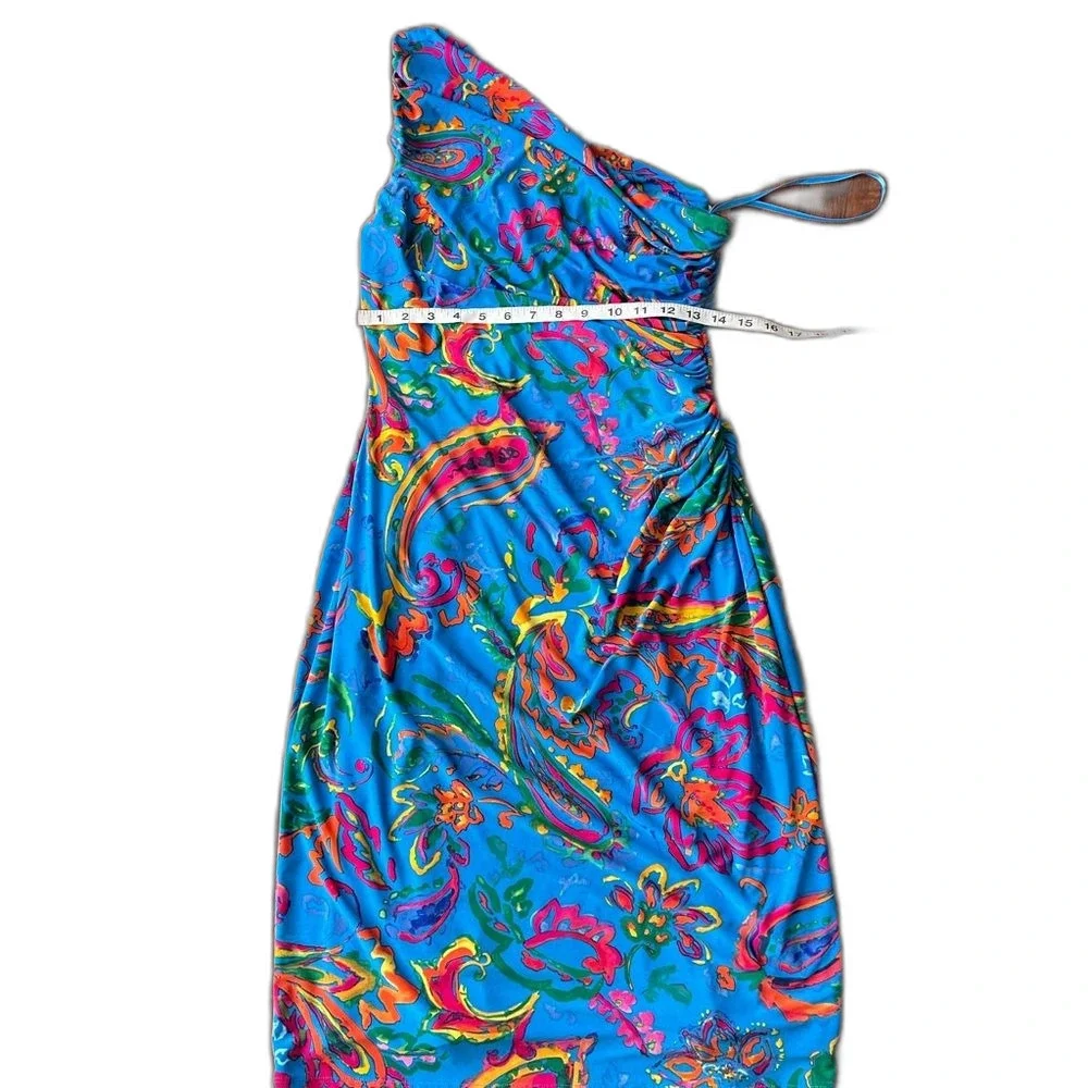 Lauren Ralph Lauren one Shoulder Rouched Body-Con Bright Dress Blue Size 10 - Picture 5 of 7